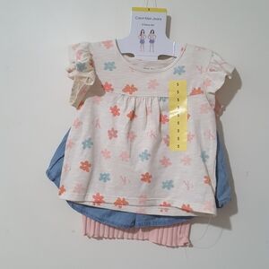 Calvin Klein Cream and Pink Blouse with Delicate Floral Design